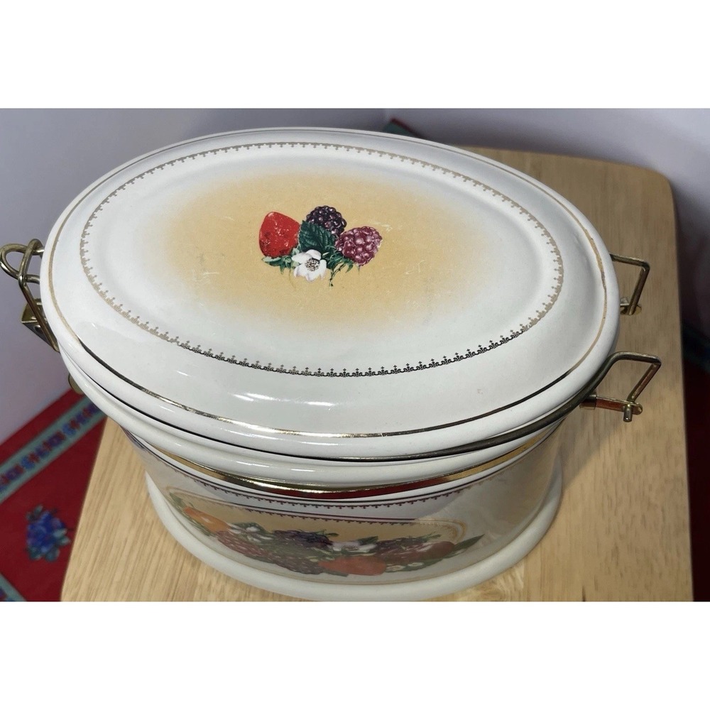 🍇Vintage Knott's Berry Farm Foods Ceramic Canister with Brass Style Hinged Lid - Picture 7 of 8